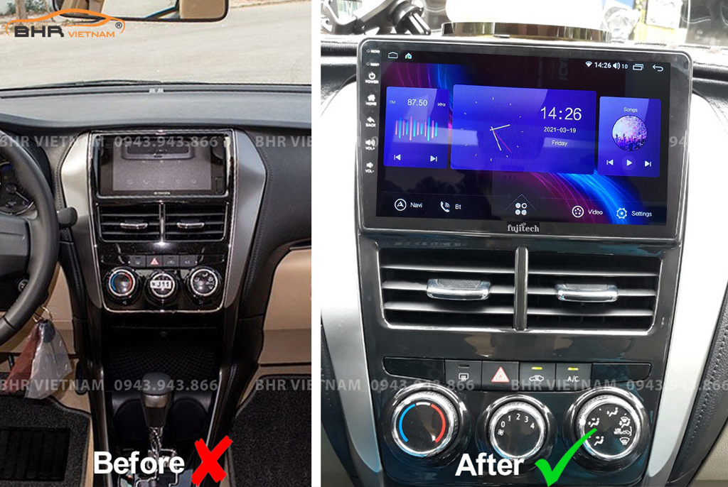 Hình ảnh trước và sau khi lắp Màn hình Android Fujitech 360 Toyota Yaris 2019 - nay