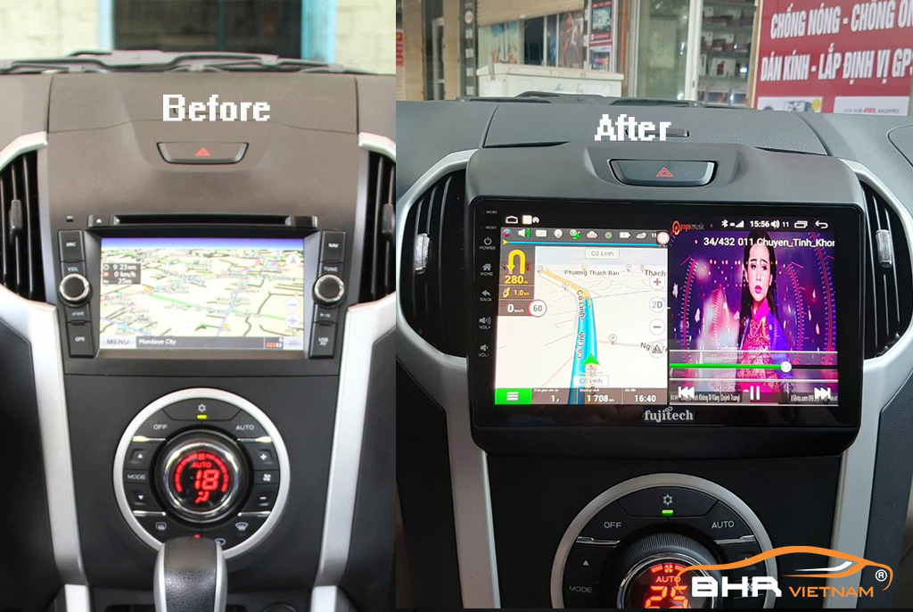Hình ảnh trước và sau khi lắp Màn hình Android Fujitech Isuzu Mux 2016 - nay