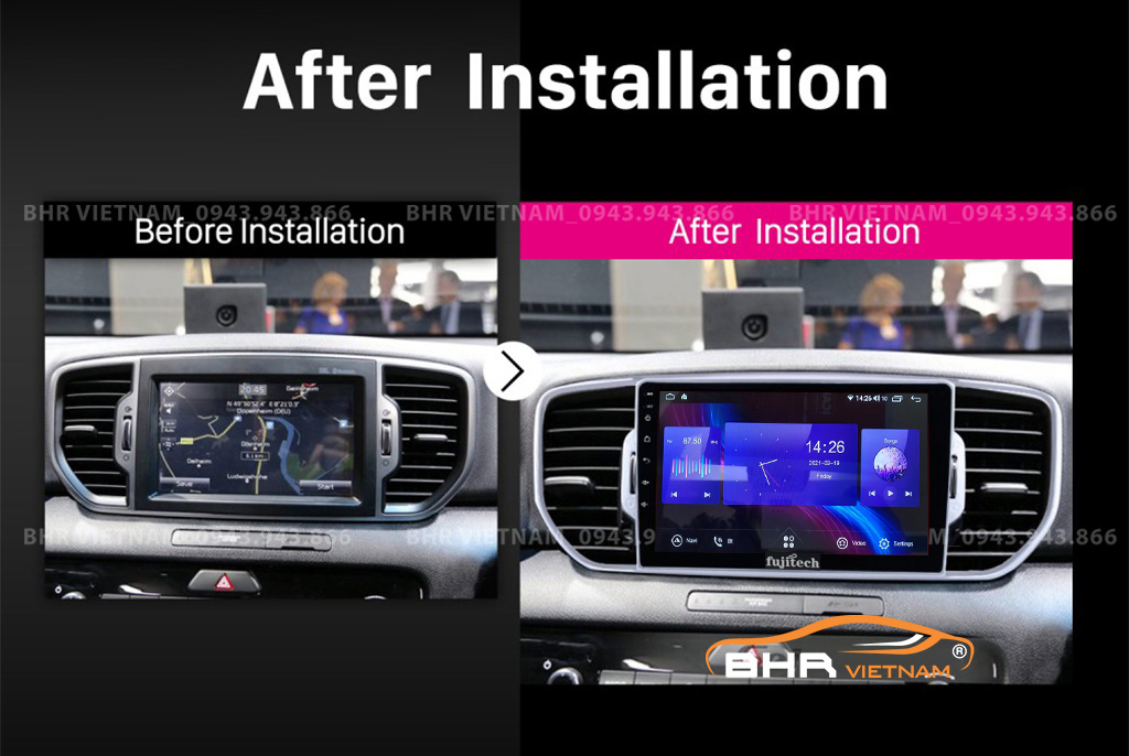 Hình ảnh trước và sau khi lắp Màn hình Android Fujitech Kia Sportage 2016 - nay