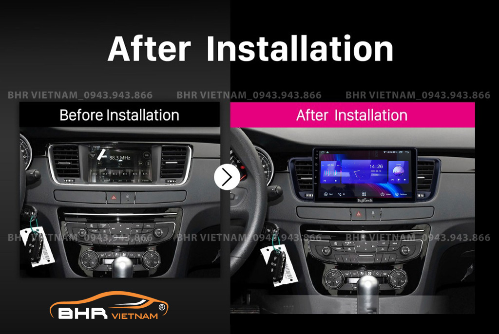 Hình ảnh trước và sau khi lắp Màn hình Android Fujitech Peugeot 508 2010 - 2020