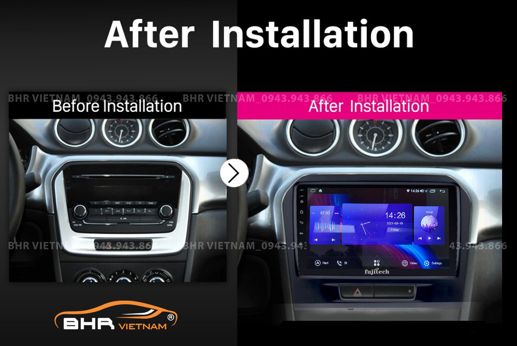 Hình ảnh trước và sau khi lắp Màn hình Android Fujitech Suzuki Vitara 2015 - nay