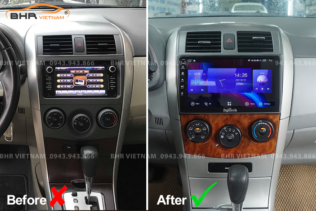 Hình ảnh trước và sau khi lắp Màn hình Android Fujitech Toyota Altis 2008 - 2013