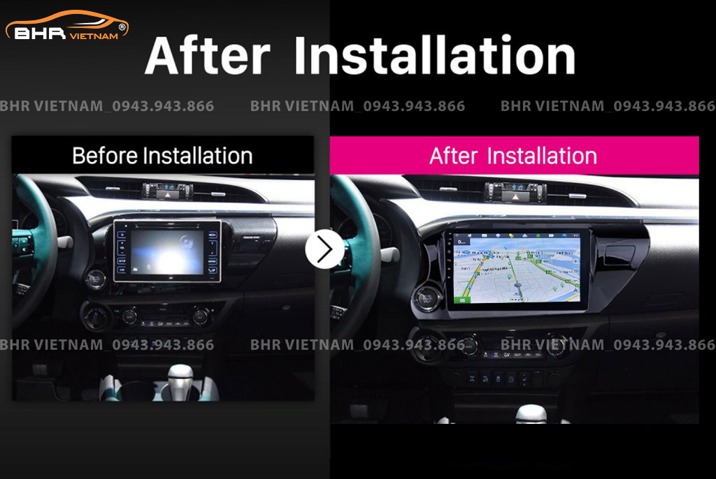 Hình ảnh trước và sau khi lắp Màn hình Android Fujitech Toyota Hilux 2016 - nay