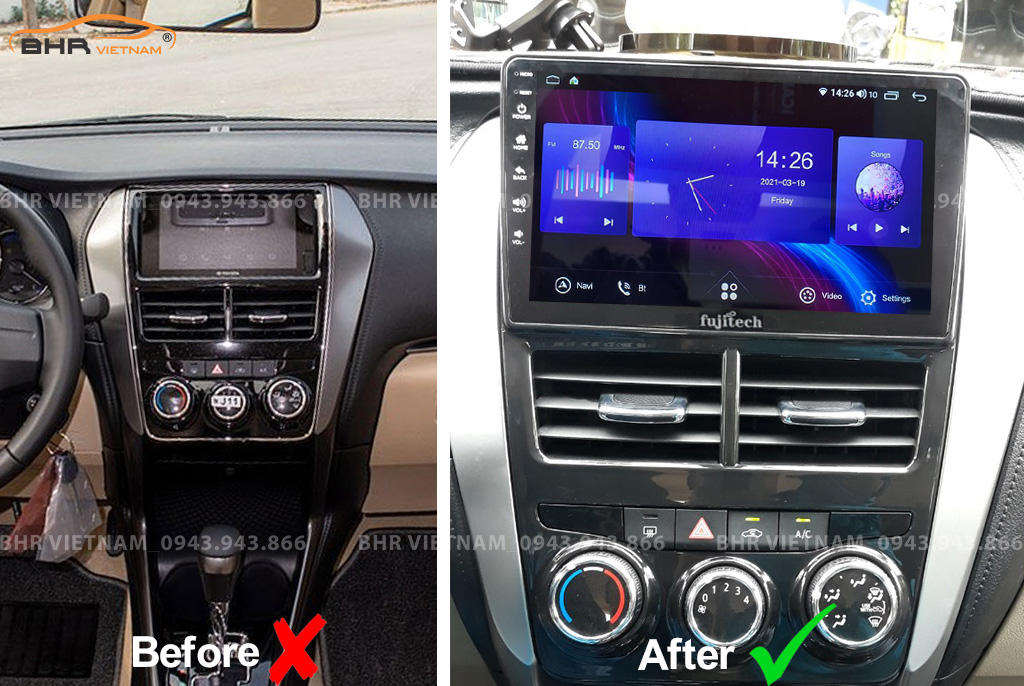 Hình ảnh trước và sau khi lắp Màn hình Android Fujitech Toyota Vios 2014 - 2018