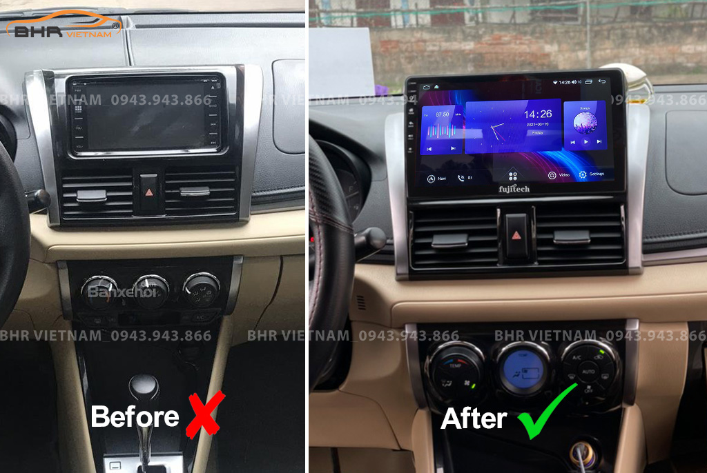 Hình ảnh trước và sau khi lắp Màn hình Android Fujitech Toyota Yaris 2014 - 2018
