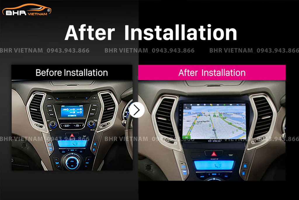 Hình ảnh trước và sau khi lắp Màn hình Android Vitech Pro Hyundai Santafe 2012 - 2018