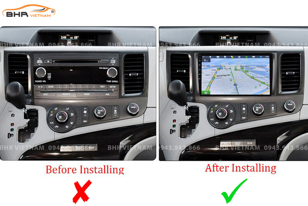 Hình ảnh trước và sau khi lắp Màn hình Android Vitech Pro Toyota Sienna 2011 - 2013