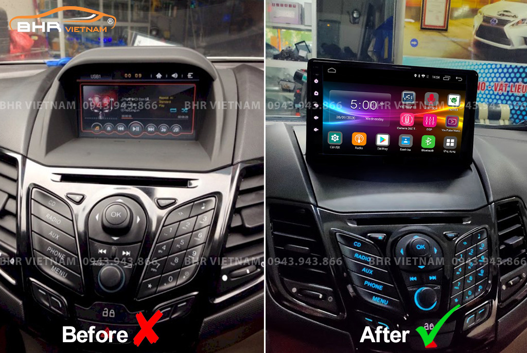 Hình ảnh trước và sau khi lắp Màn hình Android Vitech Ford Fiesta 2010 - nay