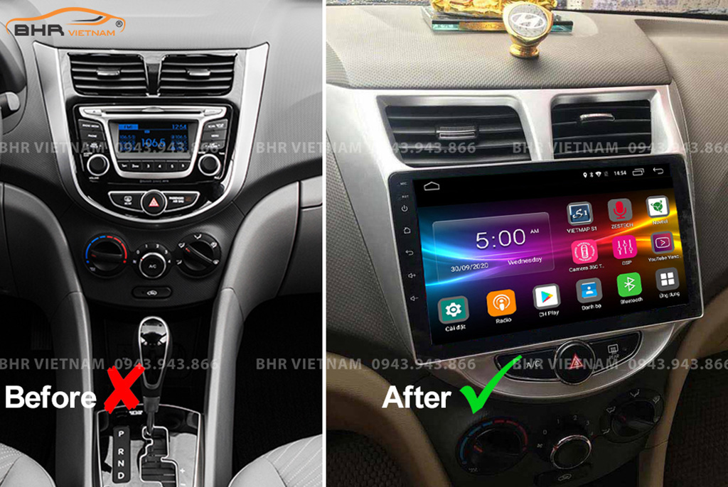 Hình ảnh trước và sau khi lắp Màn hình Android Vitech Hyundai Accent 2011 - 2016
