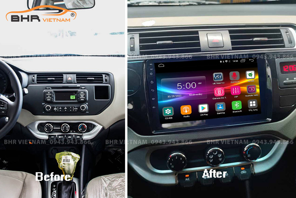 Hình ảnh trước và sau khi lắp Màn hình Android Vitech Kia Rio 2012 - nay
