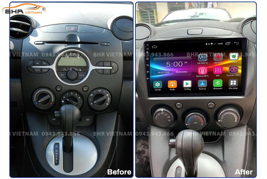 Hình ảnh trước và sau khi lắp Màn hình Android Vitech Mazda 2 2007 - 2014