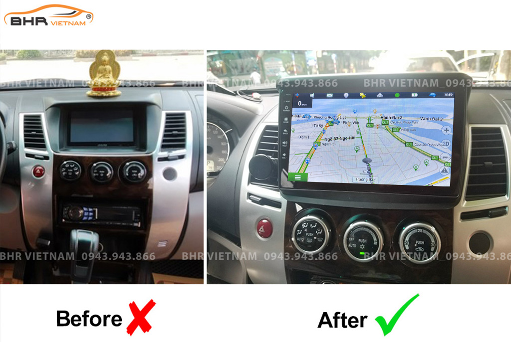 Hình ảnh trước và sau khi lắp Màn hình Android Vitech Mitsubishi Pajero Sport 2011 - 2017