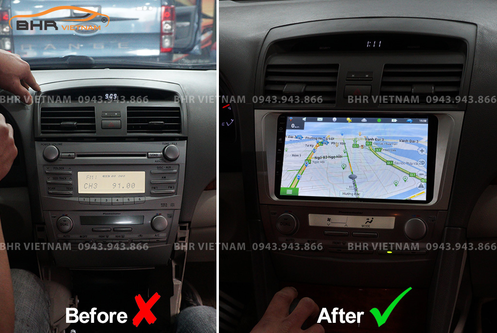Hình ảnh trước và sau khi lắp Màn hình Android Vitech Toyota Camry 2007 - 2012