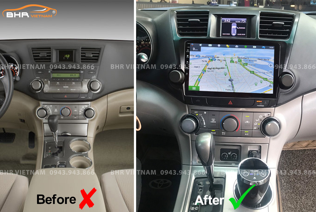 Hình ảnh trước và sau khi lắp Màn hình Android Vitech Toyota Highlander 2007 - 2013