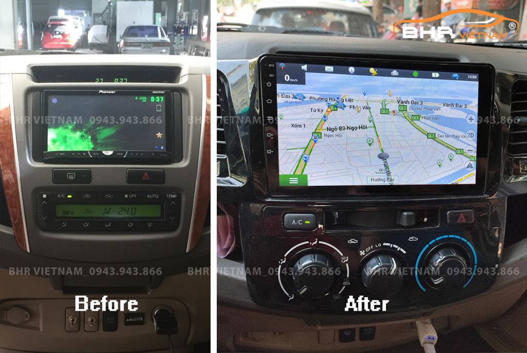 Hình ảnh trước và sau khi lắp Màn hình Android Vitech Toyota Hilux 2005 - 2015