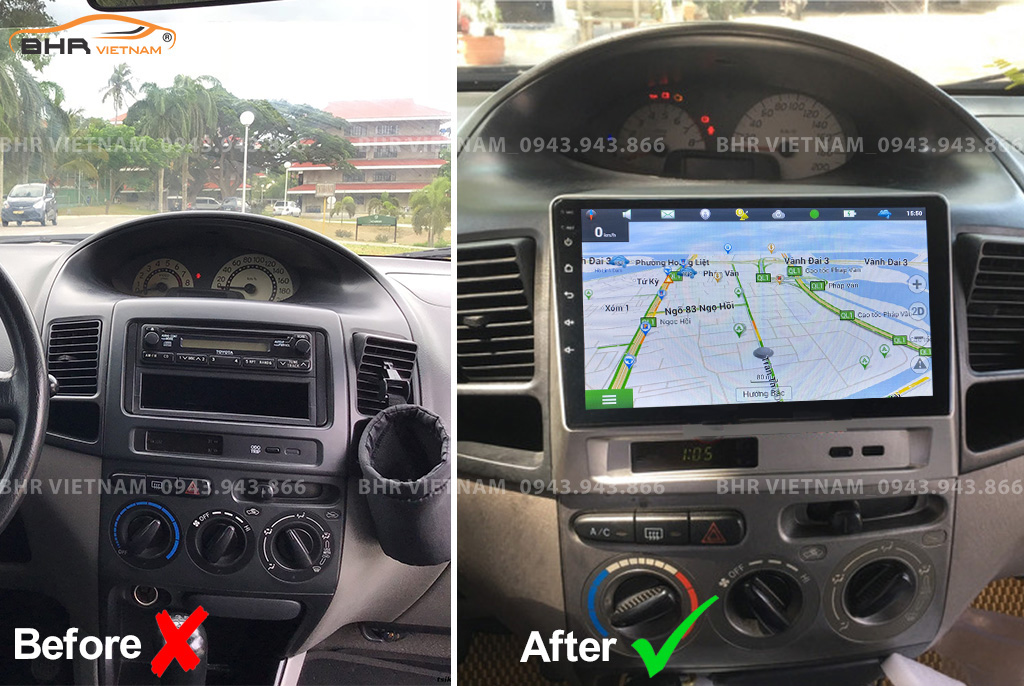 Hình ảnh trước và sau khi lắp Màn hình Android Vitech Toyota Vios 2002 - 2007