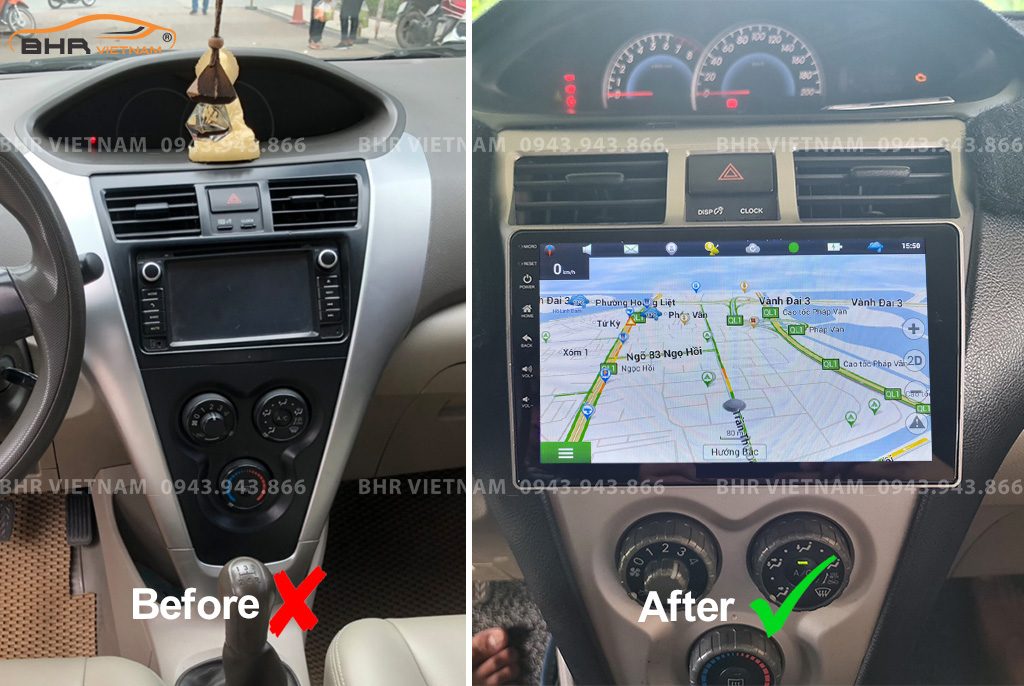 Hình ảnh trước và sau khi lắp Màn hình Android Vitech Toyota Vios 2008 - 2013