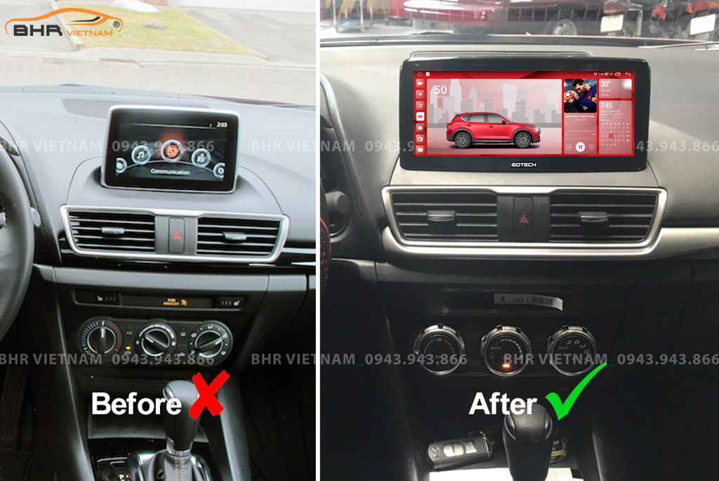 Hình ảnh trước và sau khi lắp màn hình DVD GT Mazda Limited Mazda 3 2014 - 2019
