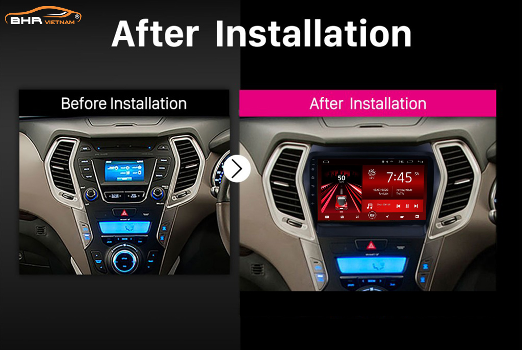 Hình ảnh trước và sau khi lắp màn hình DVD Gotech GT10 Pro Hyundai Santafe 2012 - 2018