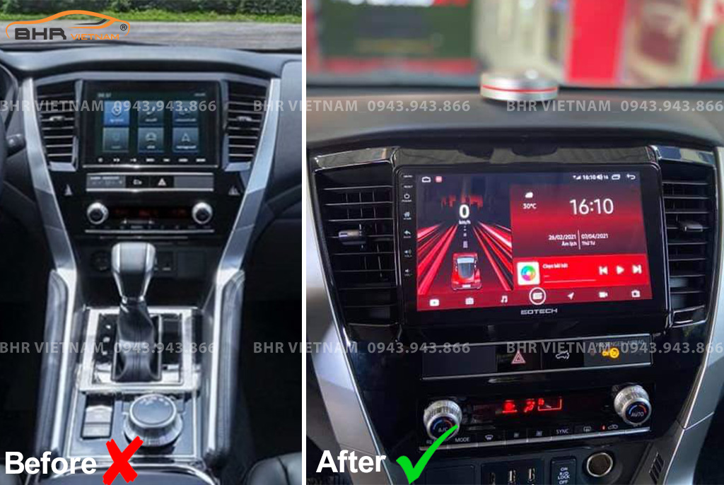 Hình ảnh trước và sau khi lắp màn hình DVD Gotech GT10 Pro Mitsubishi Pajero Sport 2018 - nay