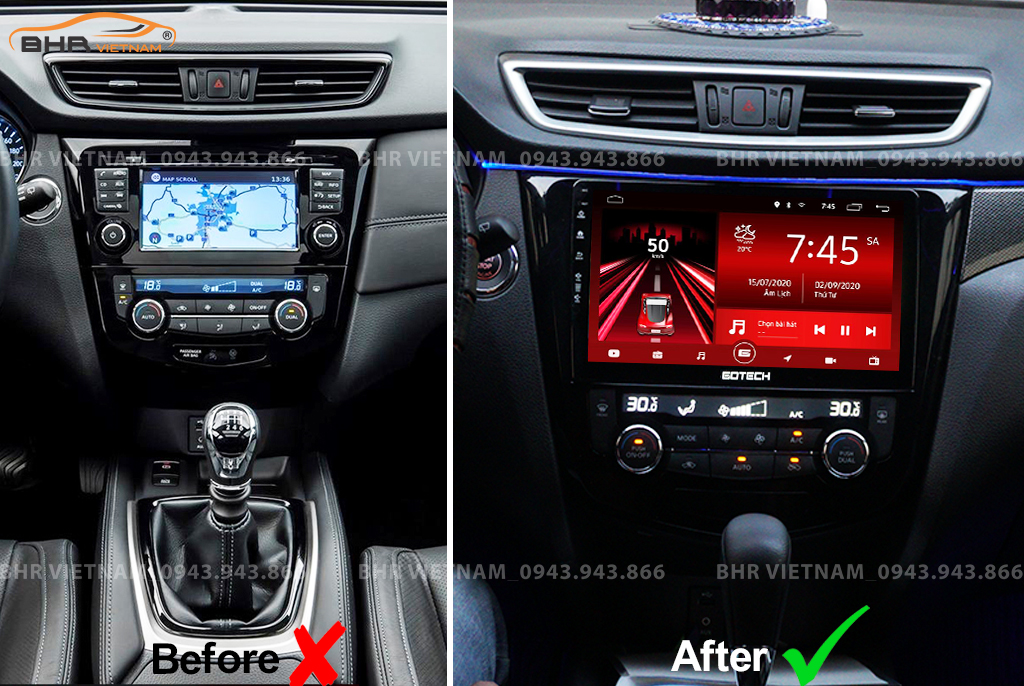 Hình ảnh trước và sau khi lắp màn hình DVD Gotech GT10 Pro Nissan Xtrail 2017 - nay