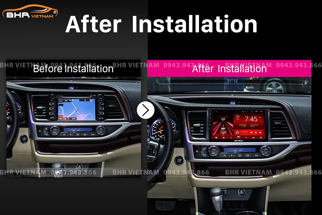Hình ảnh trước và sau khi lắp màn hình DVD Gotech GT10 Pro Toyota Highlander 2014 - 2019