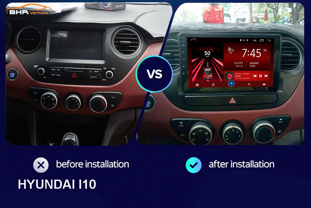Hình ảnh trước và sau khi lắp màn hình Gotech GT360 Hyundai i10 2014 - 2021