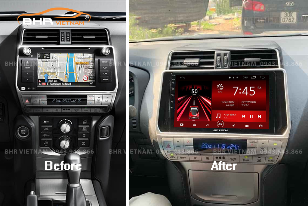 Hình ảnh trước và sau khi lắp màn hình Gotech GT360 Toyota Prado 2017 - nay