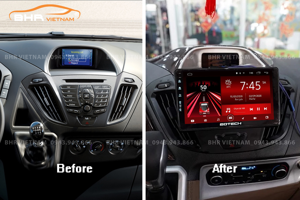 Hình ảnh trước và sau khi lắp màn hình Gotech GT360 Plus Ford Tourneo 2019 - nay