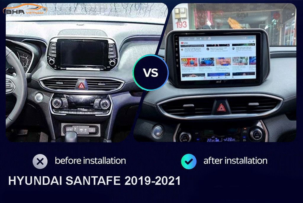 Hình ảnh trước và sau khi lắp màn hình Gotech GT360 Plus Hyundai Santafe 2019 - 2020