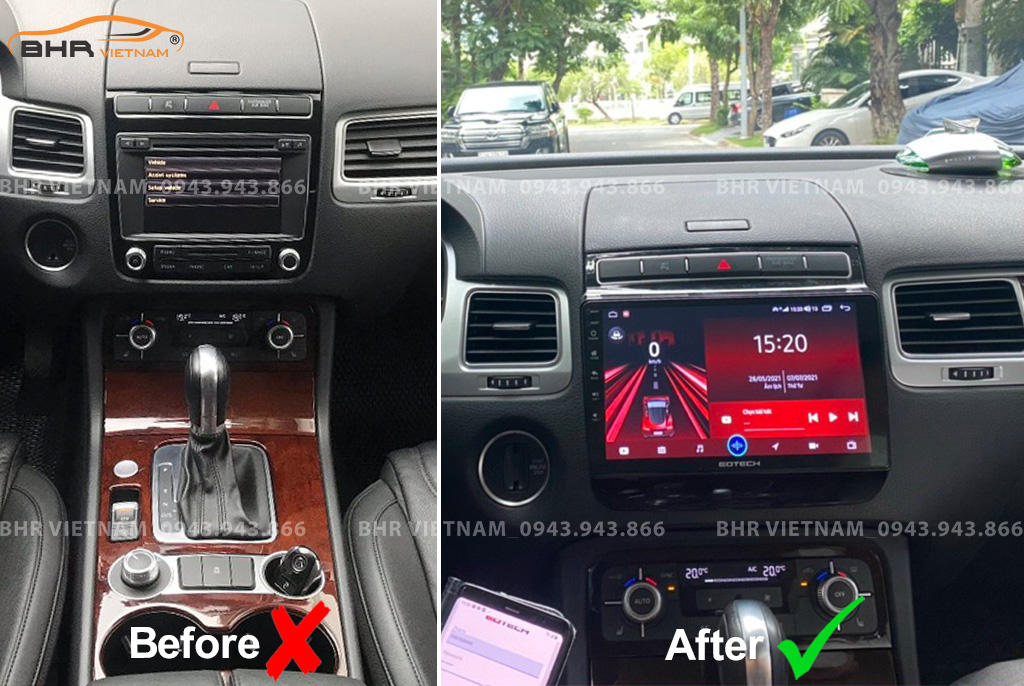 Hình ảnh trước và sau khi lắp màn hình Gotech GT360 Plus Volkswagen Touareg 2011 - 2017