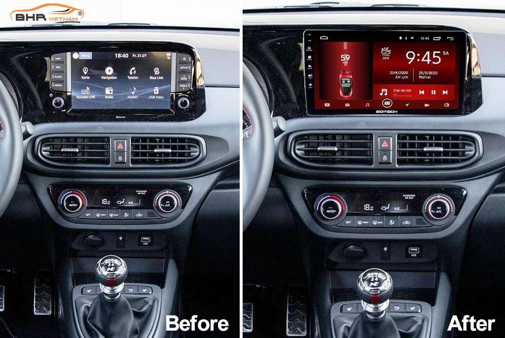 Hình ảnh trước khi lắp và sau khi lắp màn hình DVD Gotech GT6 New Hyundai i10 2020 - nay