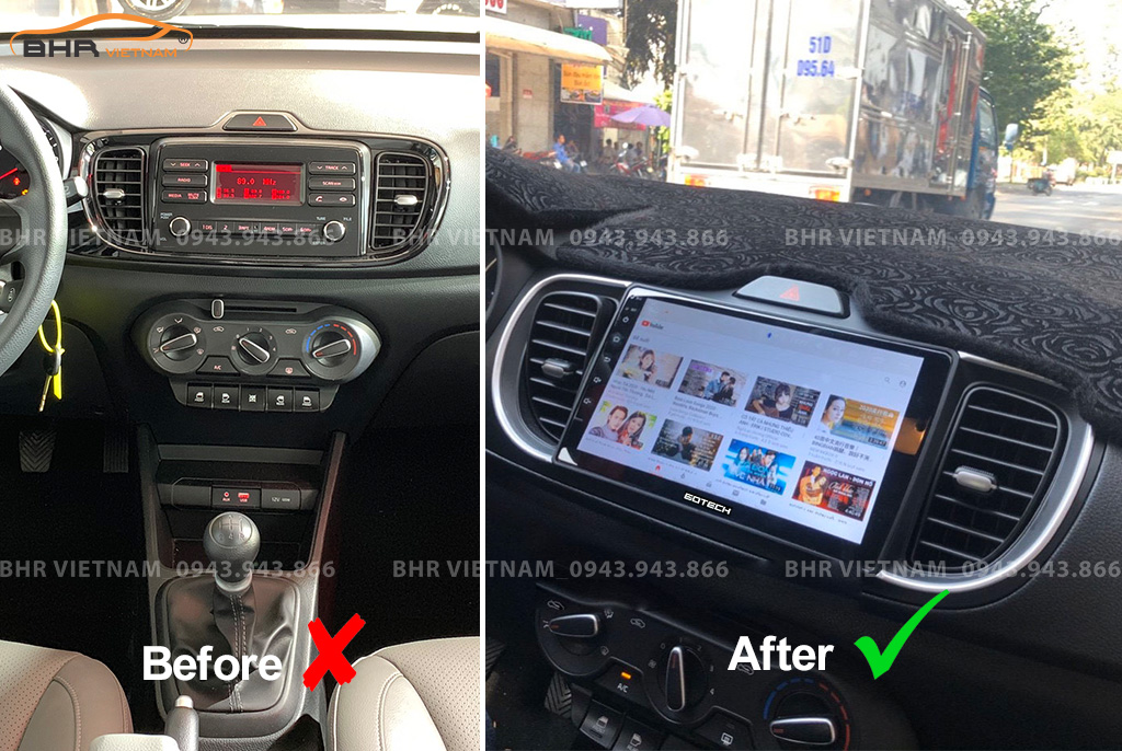 Hình ảnh trước khi lắp và sau khi lắp màn hình DVD Gotech GT6 New Kia Soluto 2019 - nay