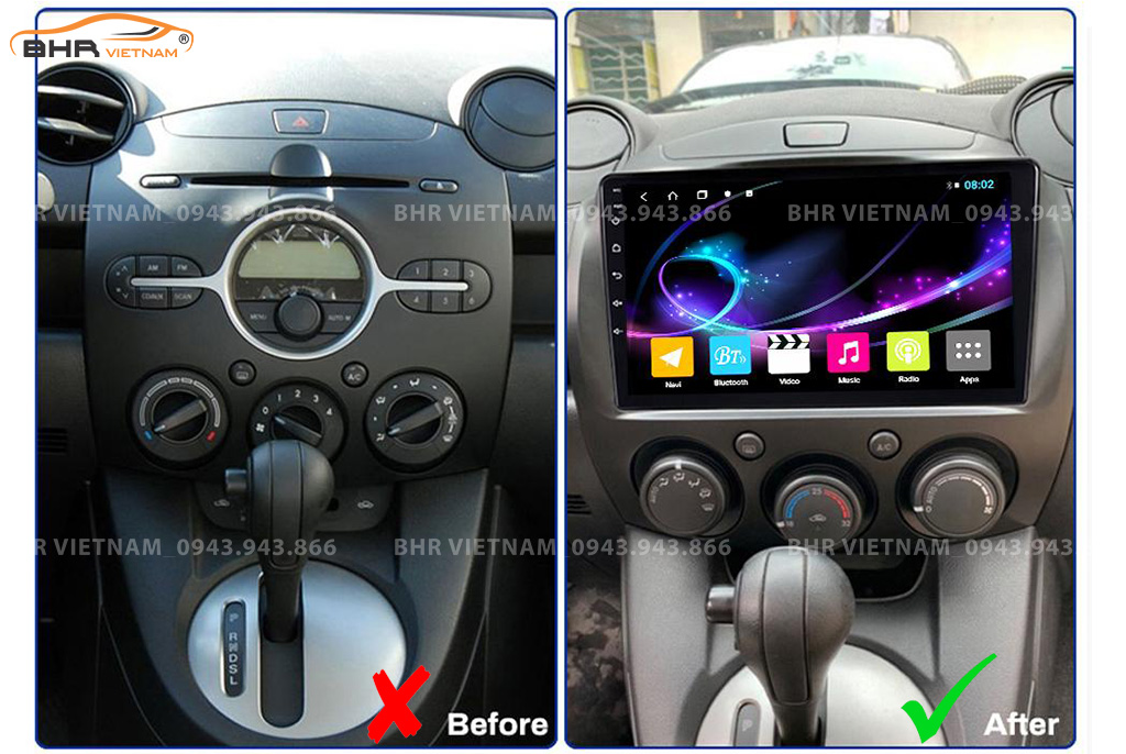 Hình ảnh trước khi lắp và sau khi lắp màn hình DVD Gotech GT6 New Mazda 2 2007 - 2014
