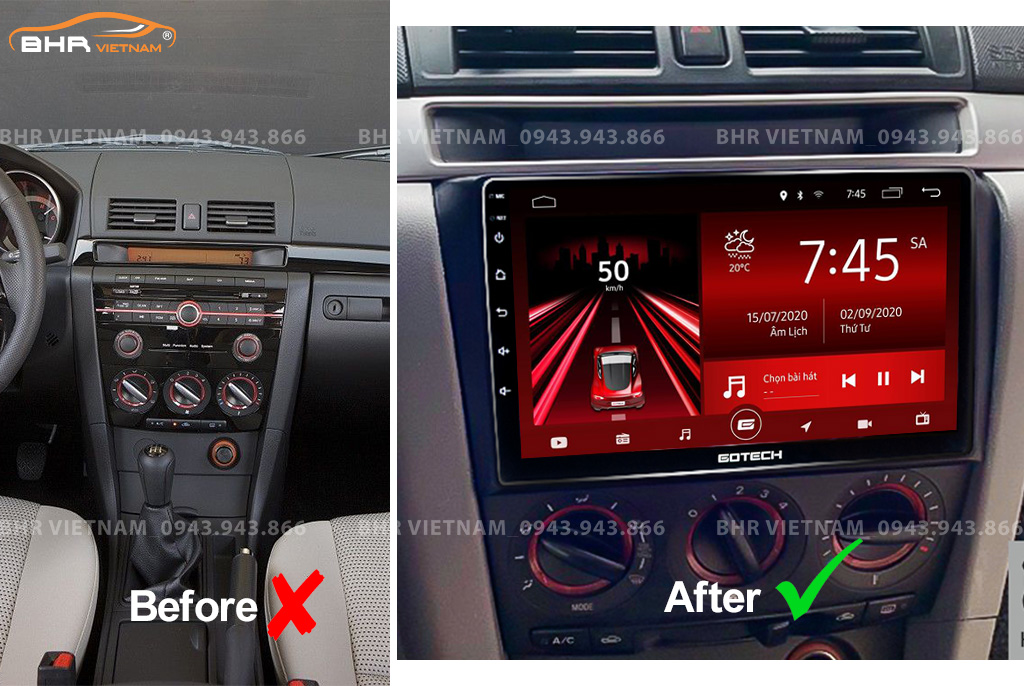 Hình ảnh trước và sau khi lắp màn hình DVD Gotech GT6 New Mazda 3 2003 - 2008