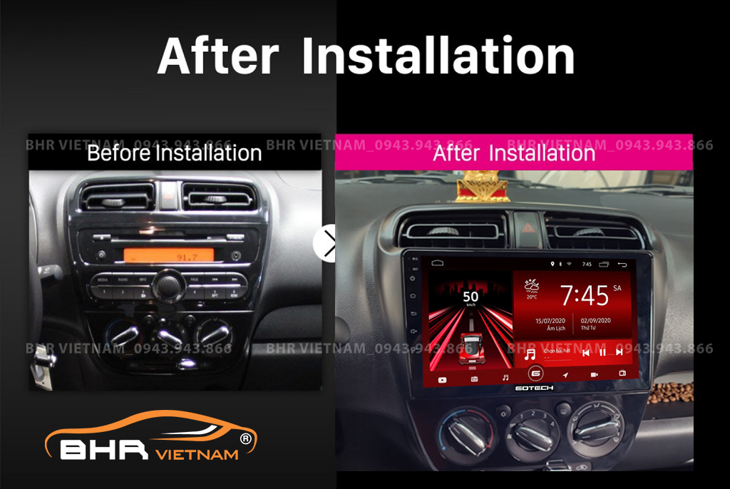 Hình ảnh trước và sau khi lắp màn hình DVD Gotech GT6 New Mitsubishi Attrage 2013 - nay​​​​​​​ ​​​​​​​ ​​​​​​​