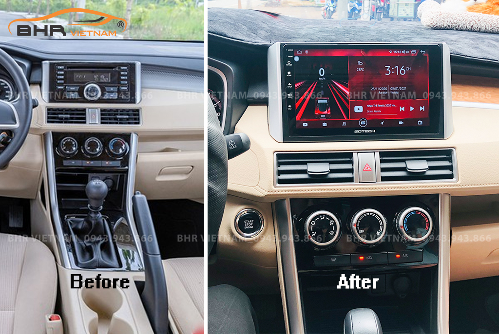 Hình ảnh trước và sau khi lắp màn hình DVD Gotech GT6 New Mitsubishi Xpander 2018 - nay
