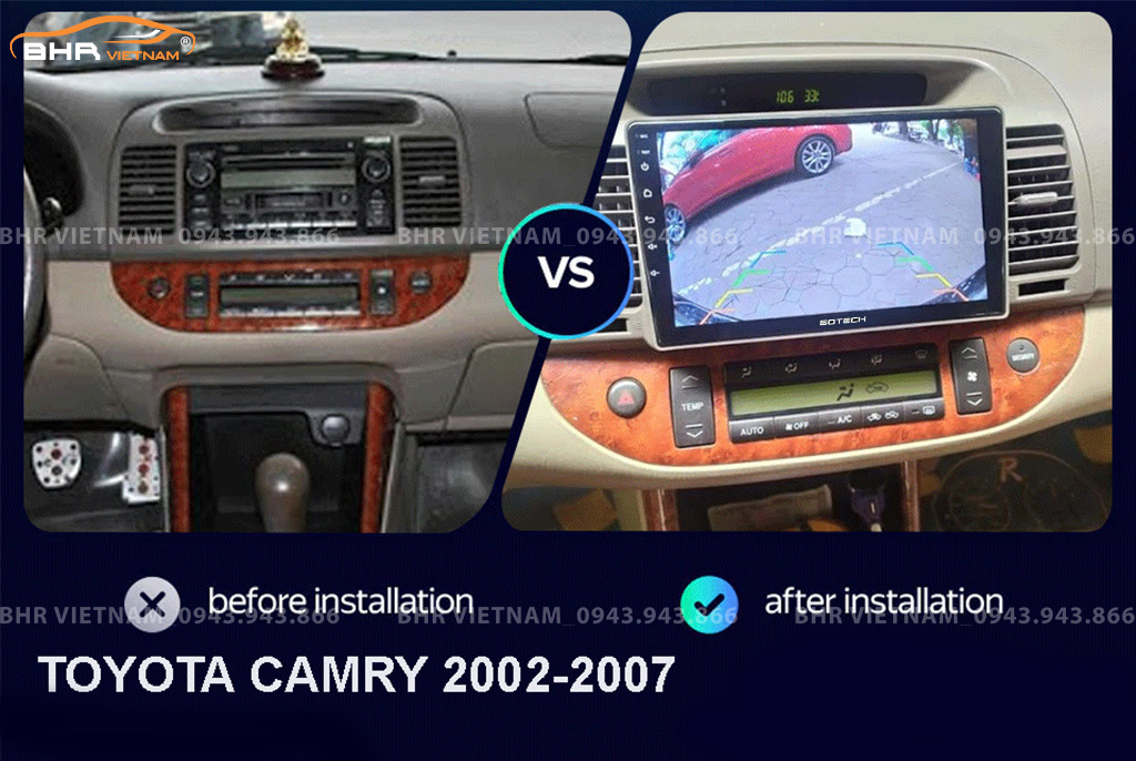 Hình ảnh trước và sau khi lắp màn hình DVD Gotech GT6 New Toyota Camry 2003 - 2005