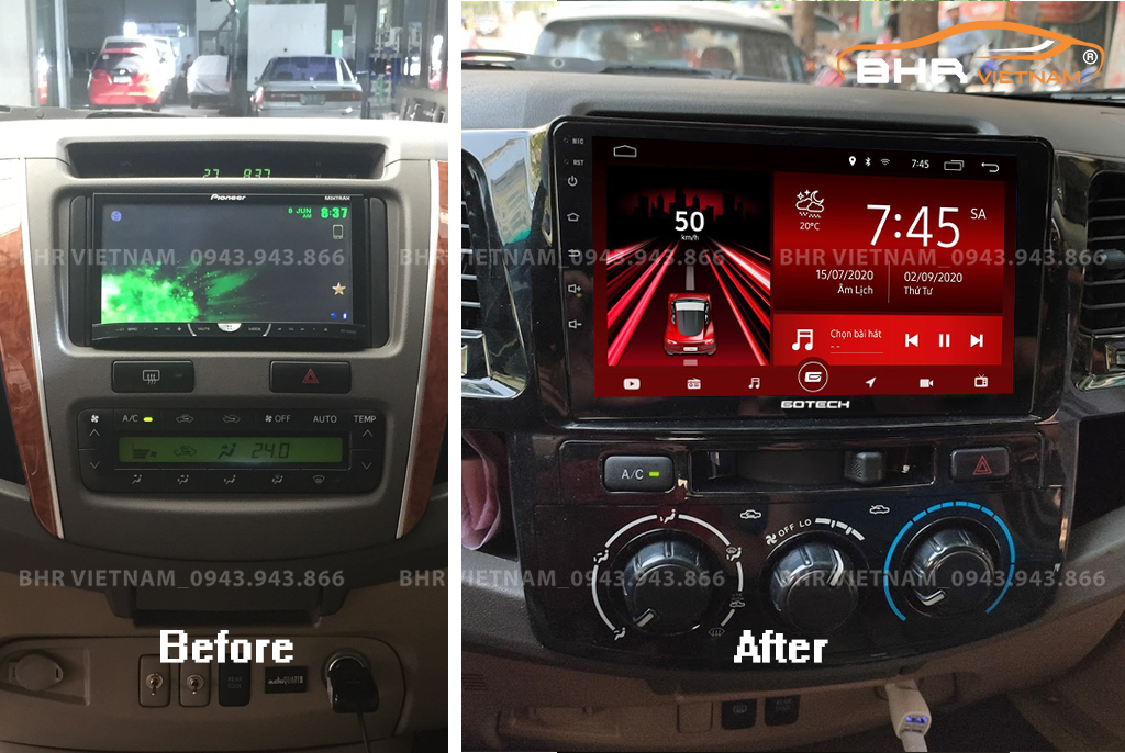 Hình ảnh trước và sau khi lắp màn hình DVD Gotech GT6 New Toyota Hilux 2005 - 2015