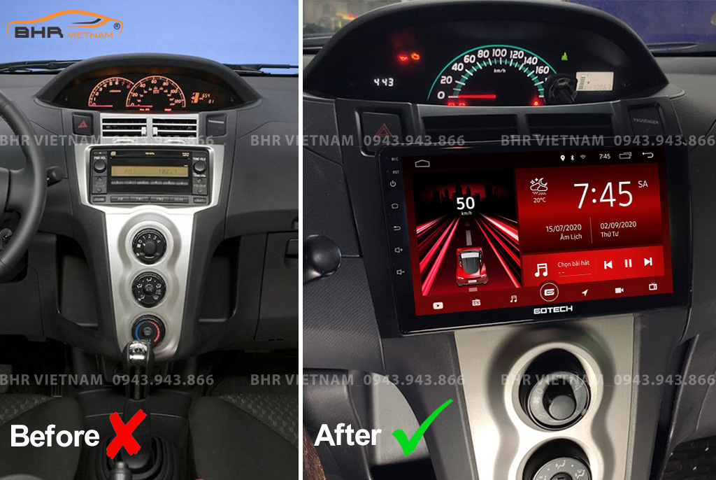 Hình ảnh trước và sau khi lắp màn hình DVD Gotech GT6 New Toyota Yaris 2006 - 2013