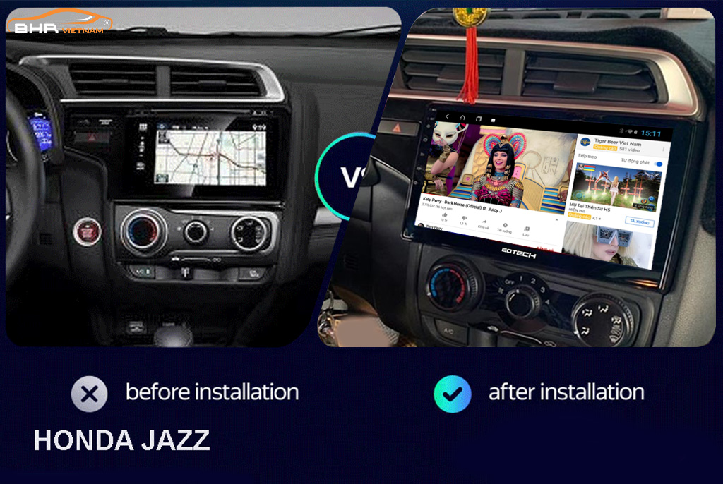 Hình ảnh trước và sau khi lắp màn hình Gotech GT8 Honda Jazz 2014 - nay