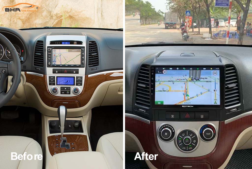 Hình ảnh trước và sau khi lắp màn hình Gotech GT8 Hyundai Santafe 2006-2014