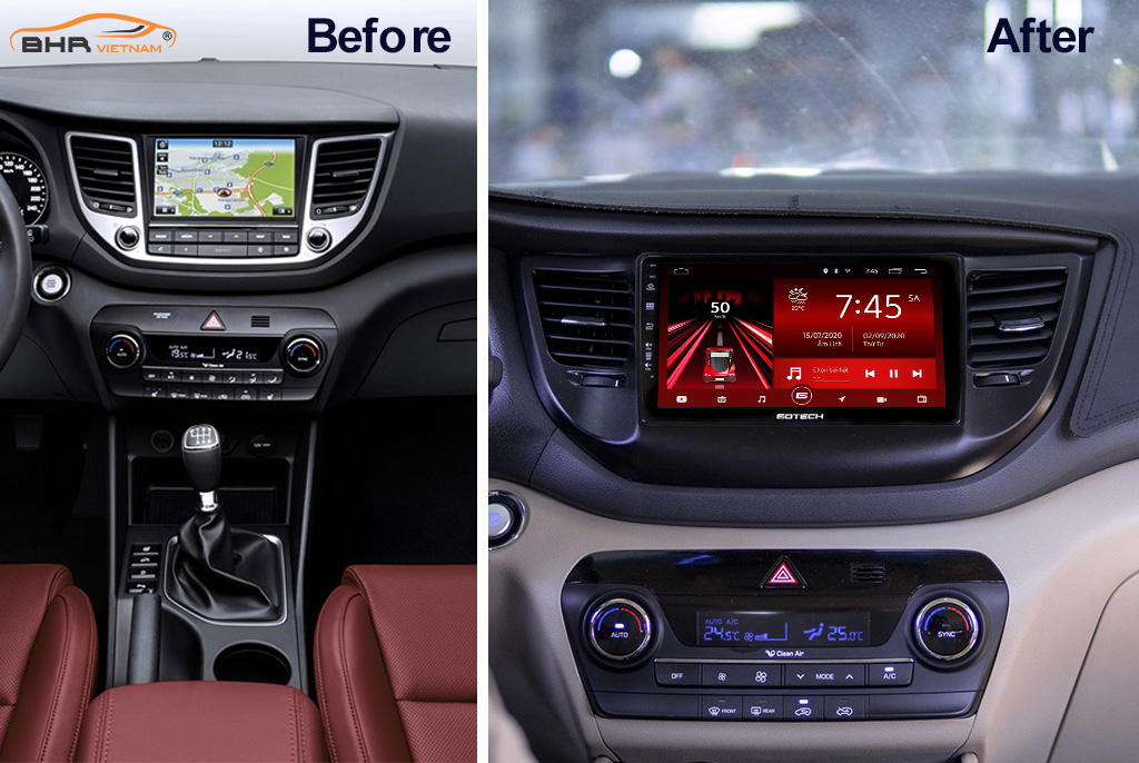 Hình ảnh trước và sau khi lắp màn hình DVD Gotech GT8 Max Hyundai Tucson 2015 - 2018