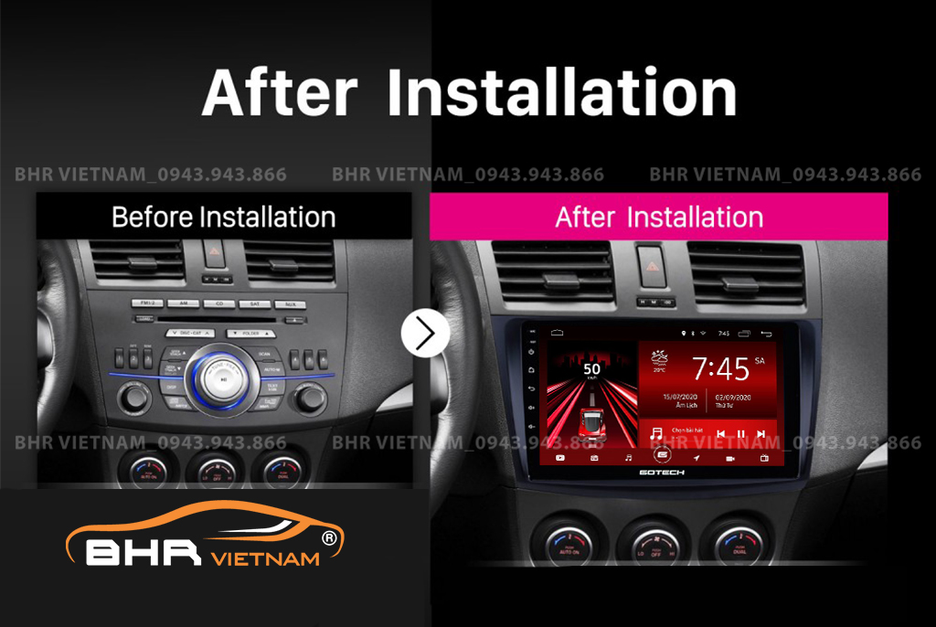 Hình ảnh trước và sau khi lắp màn hình Gotech GT8 Mazda 3 2009 - 2013