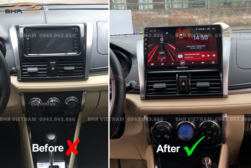 Hình ảnh trước và sau khi lắp màn hình Gotech GT8 Toyota Yaris 2014 - 2018