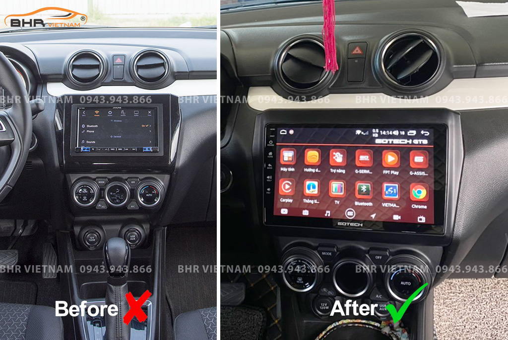 Hình ảnh trước và sau khi lắp màn hình DVD Gotech GT8 Max Suzuki Swift 2019 - nay