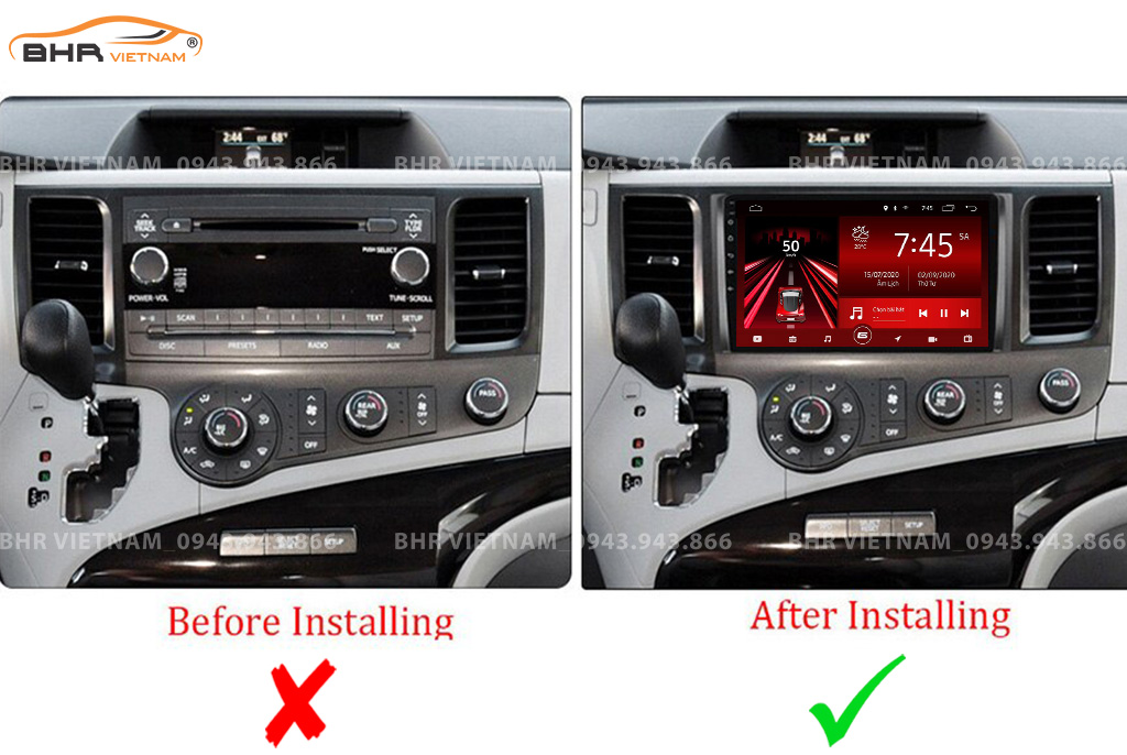 Hình ảnh trước và sau khi lắp màn hình DVD Gotech GT8 Max Toyota Sienna 2011 - 2013