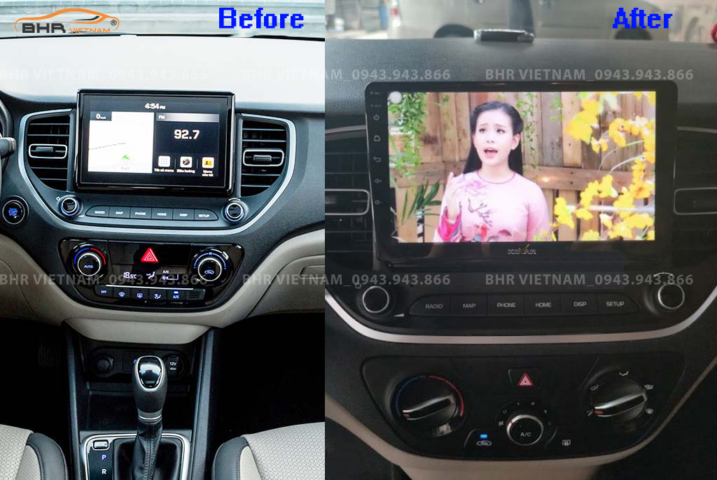 Hình ảnh trước và sau khi lắp màn hình DVD Kovar Plus 360 Hyundai Accent 2021 - nay