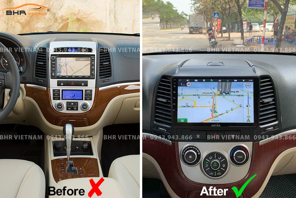 Hình ảnh trước và sau khi lắp màn hình DVD Kovar Plus 360 Hyundai Santafe 2006 - 2011