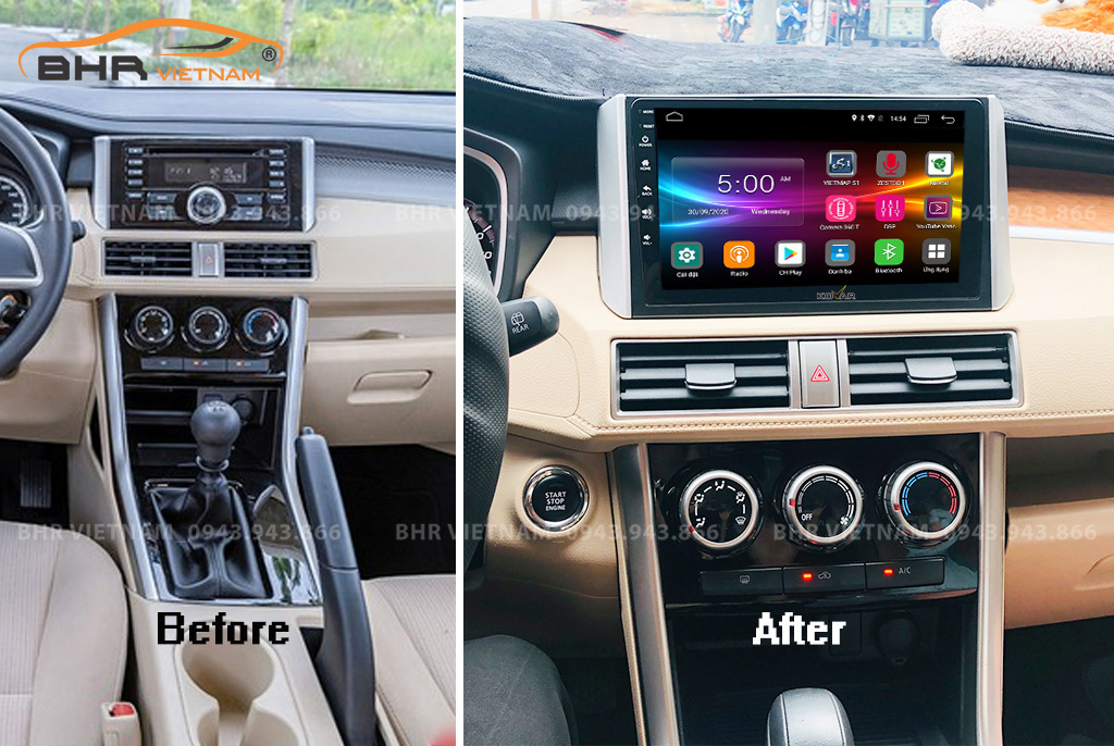 Hình ảnh trước và sau khi lắp màn hình DVD Kovar Plus 360 Mitsubishi Xpander 2018 - nay